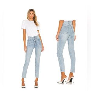 WeWoreWhat “The Danielle” Light Blue High Rise Jeans with Crystal Buttons.